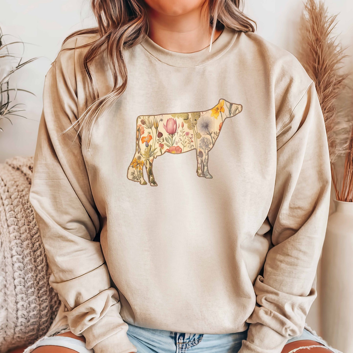 Vintage Floral Jersey Cow Sweatshirt