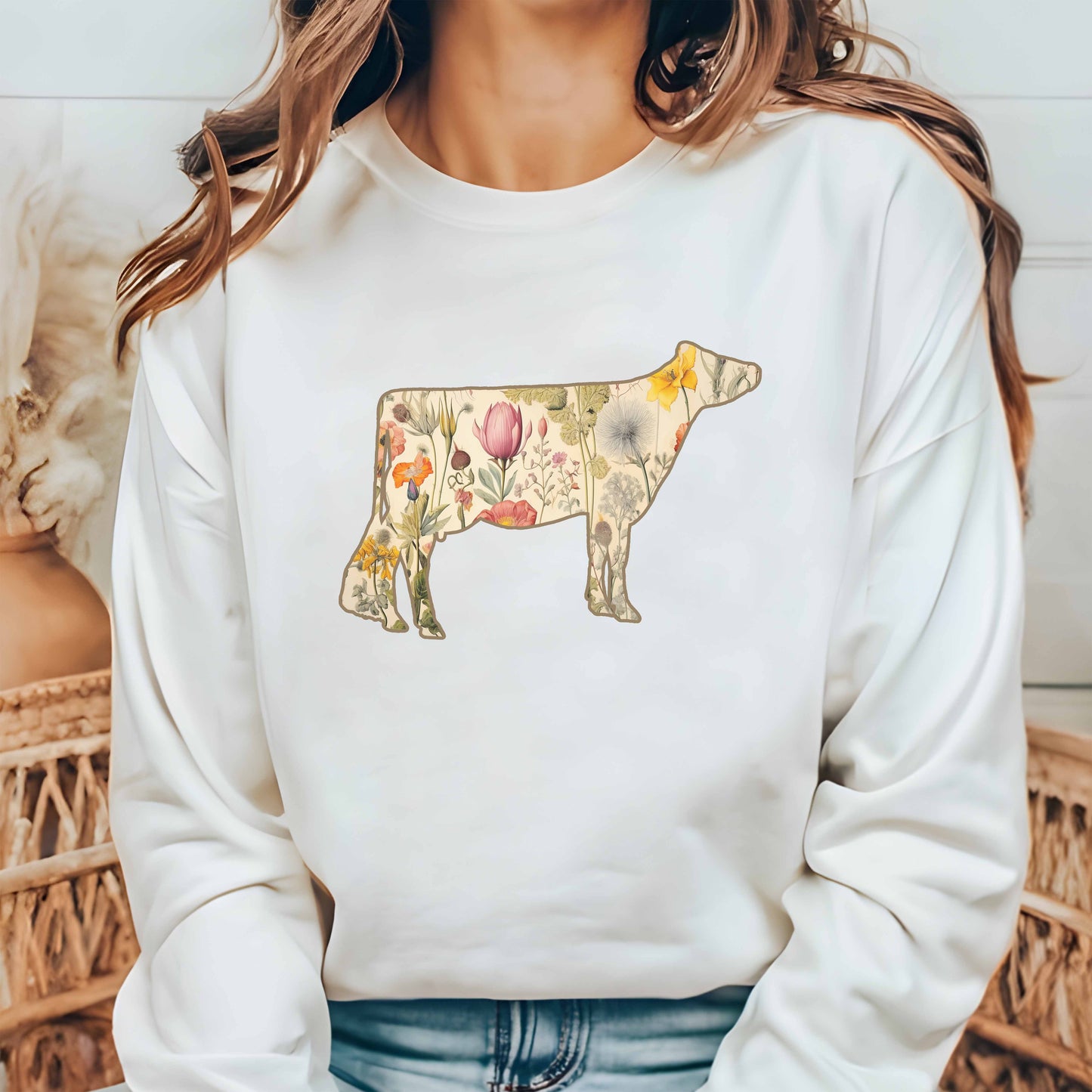 Vintage Floral Jersey Cow Sweatshirt