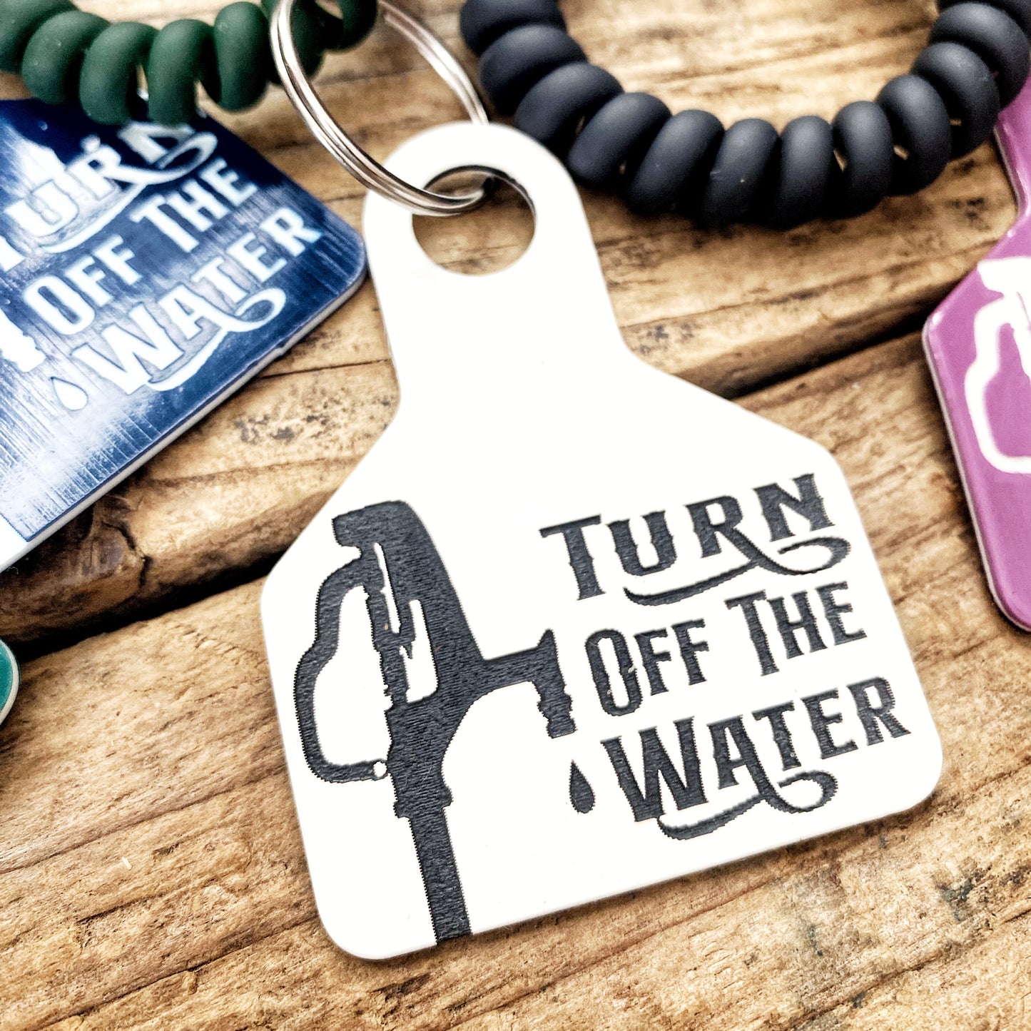 Turn Off The Water Reminder Cow Tag Keychain, Wristlet, Farmer Gift, Cattle Tag, Cow Tag, Horse Gift